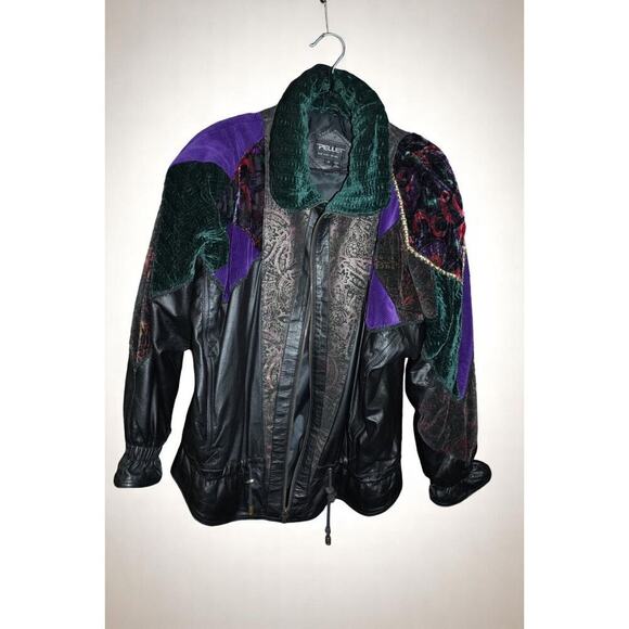 Vintage Pelle Black Leather Patchwork Nylon Panel Bomber Jacket Medium 90s - Picture 1 of 4